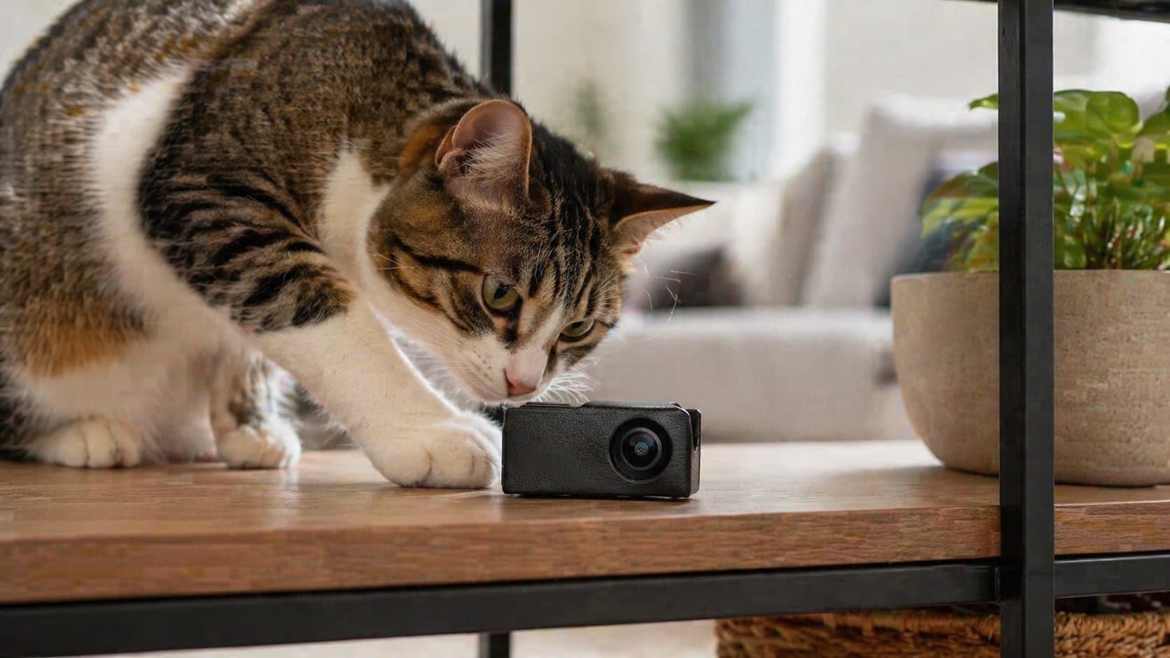 Cat wearing a small collar camera outdoors